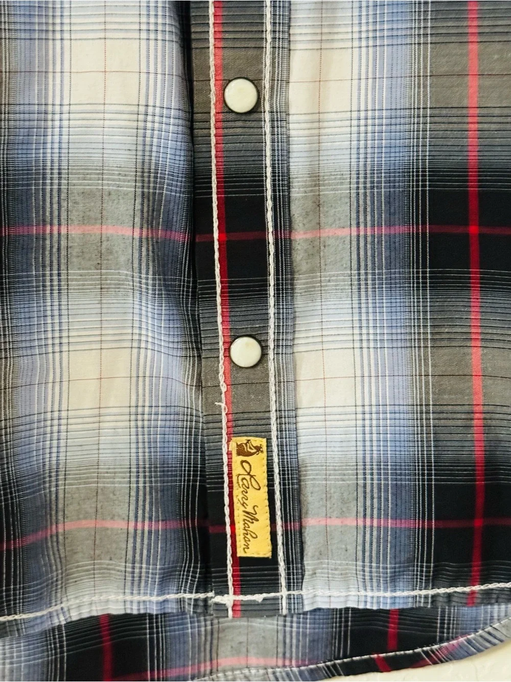 Little Boy’s Larry Mahan Blue, Black & White Plaid Western Snap Shirt Size Small